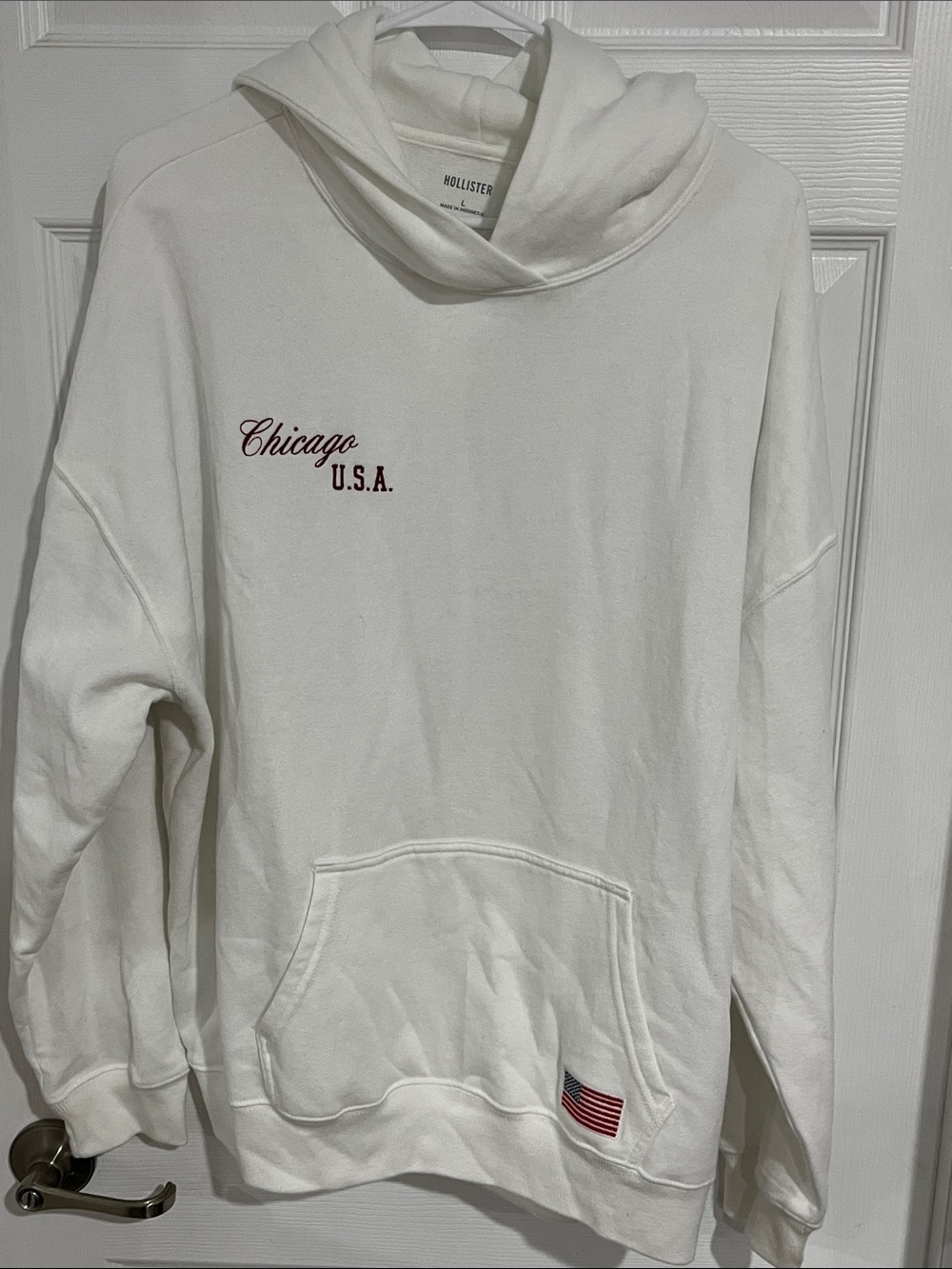 Hollister White Cowl Neck Hoodie Sweater w/ Chicago U.S.A. Flag Patch-Embroidery